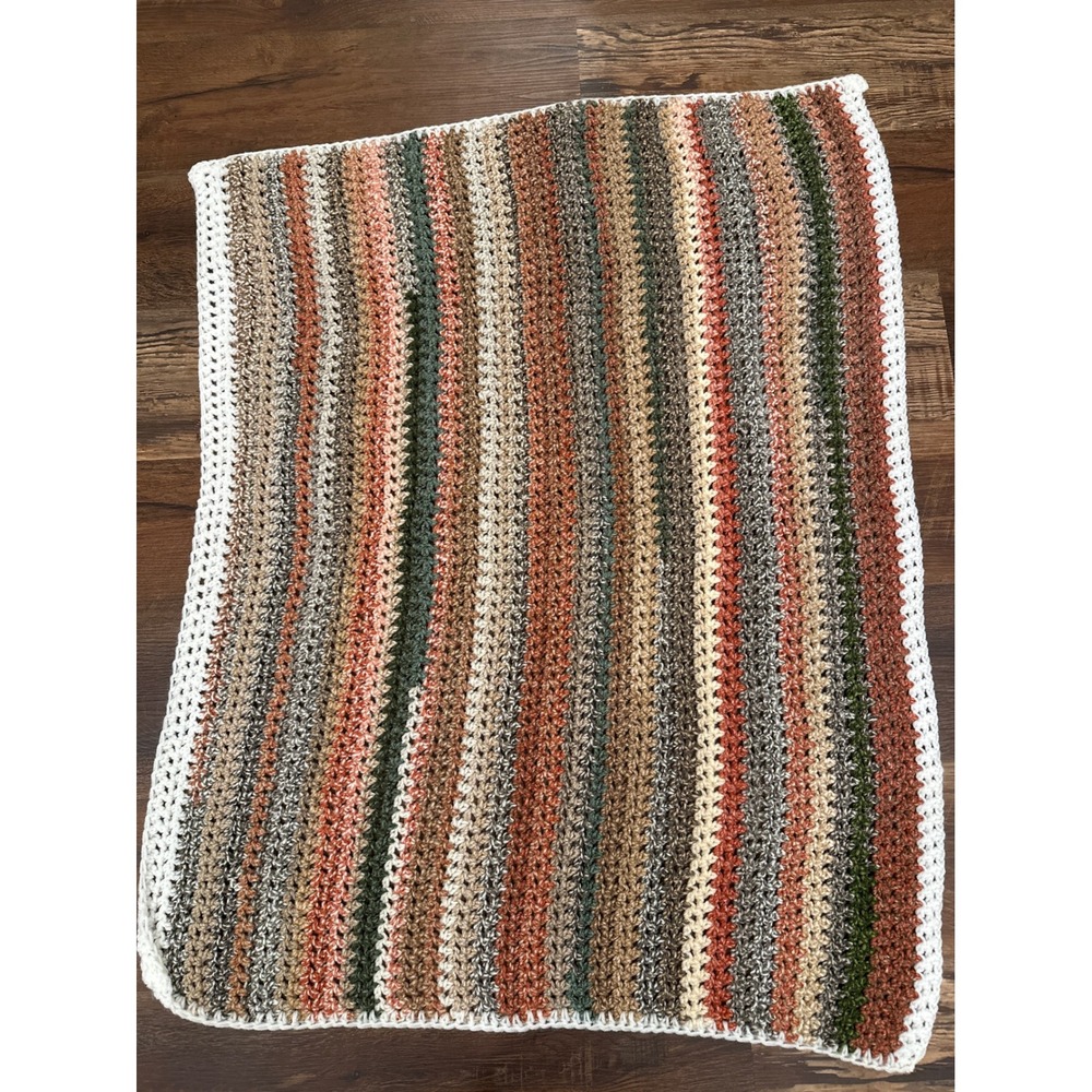 Handmade Crochet Afghan Blanket Multi-Color Earth Tone Striped Throw 32x41